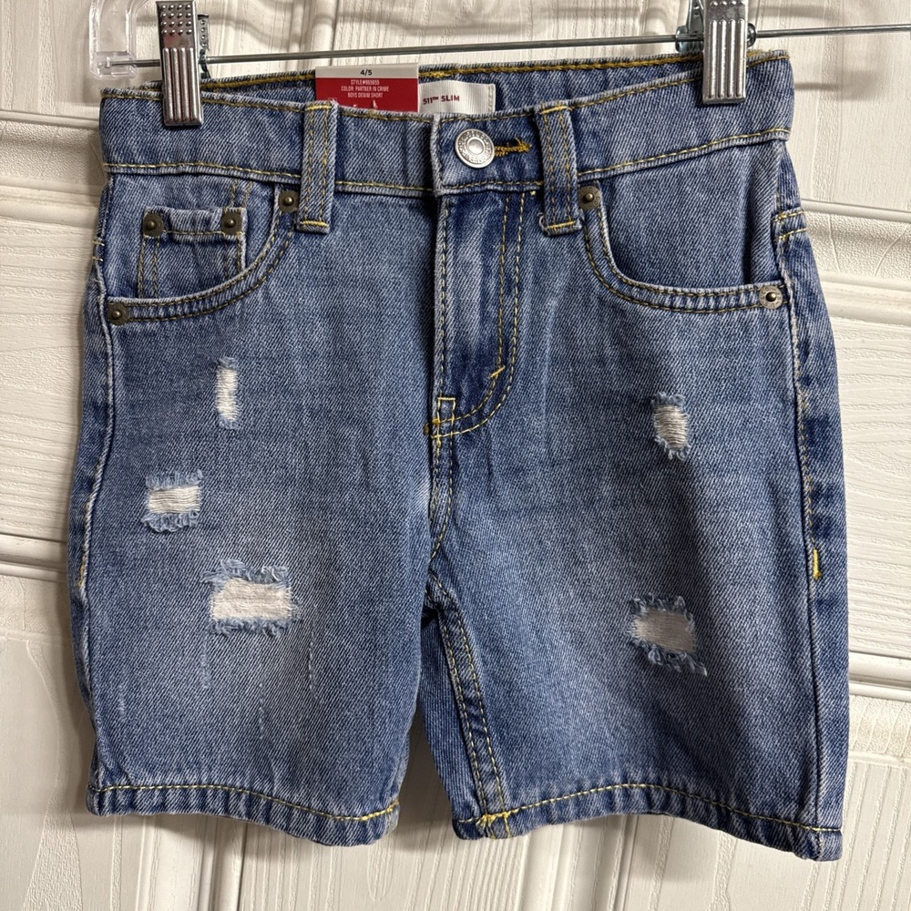 Levi's Boys 511 Slim distressed Denim Shorts Blue 4/5 Adjustable Waist Pockets